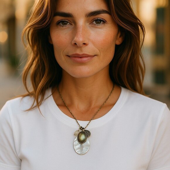 J. Jill Beaded Chain Necklace Stone Charms Silver Tone Oval Layered Mixed Metal - Picture 1 of 9